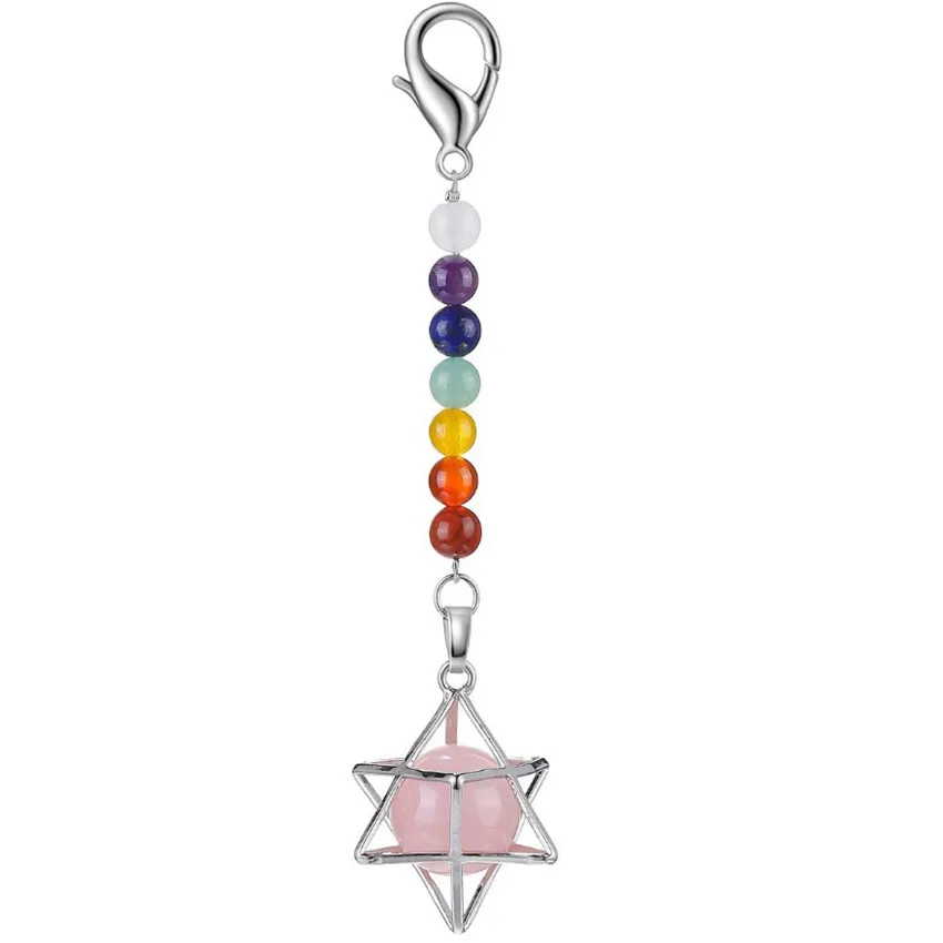 FYJS Unique Silver Plated Merkaba Symbol Natural Rose Pink Quartz Key Chain Healing Chakra Rock Crystal Jewelry