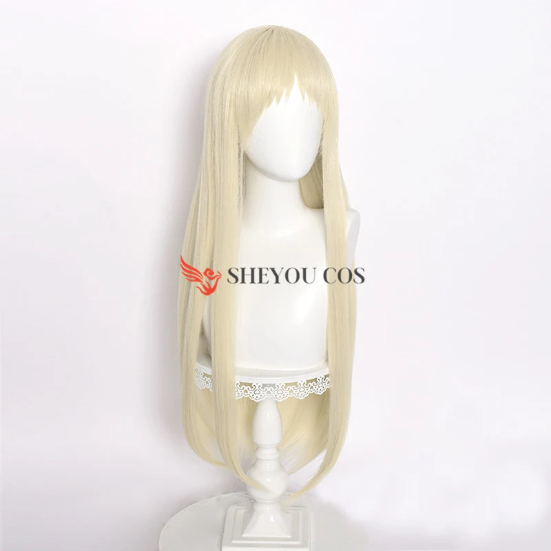 Anime Cosplay Kakegurui Runa Yomozuki Wigs Long Straight Blonde Wig with Neat Bang Heat Resistant Synthetic Wigs for Women Girls