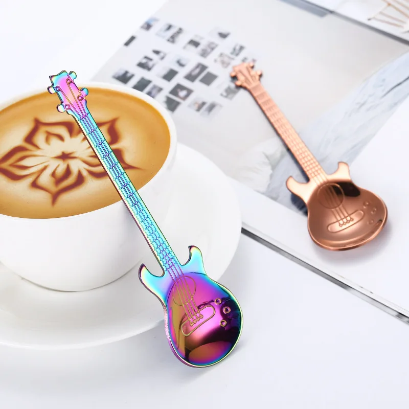 1/3/5/10pcs Stainless Steel Guitar Shaped Love Coffee Spoon Teaspoon Children Spoon 7 Colors Coffee Tea Use Kitchen Spoon