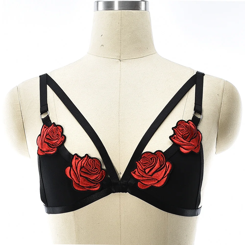 

JLX.HARNESS Black Embroidery Rose Harness Bra Goth Body Cage Belt Elastic Adjustable Rave Crop Top Bondage Body Harness Bra