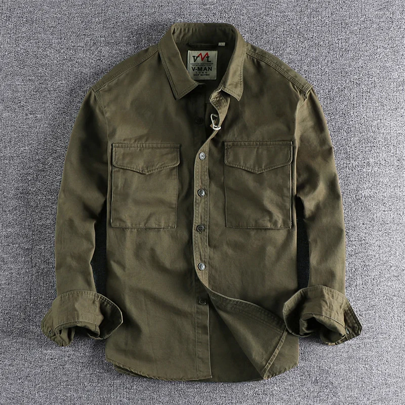 Retro męska koszulka Cargo kurtka z płótna bawełnianego w stylu Casual, biurowy styl Safari koszule męskie najlepsze ubrania