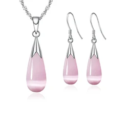 Pure 925 Sterling Silver Jewelry Set Simple White Pink Water Drop Opal Cat Eye Stones Pendant Necklace/Hook Earrings/Chain