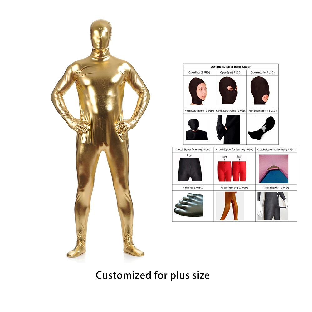 Mono zentai de LICRA metálico brillante para hombre, Catsuits, cremallera, pies metálicos, blanco brillante, personalizado, envío gratis