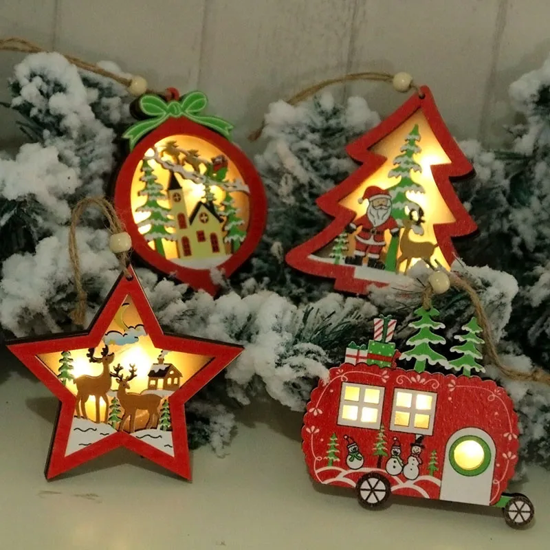 Diy decoração da árvore de natal luzes led papai noel boneco de neve elk de madeira pendurado lâmpada luz 2021 ano novo decoração do feriado pendurado