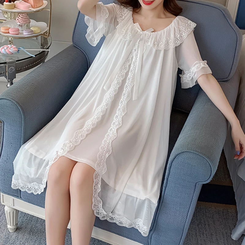 Women Romantic Nightgowns Victorian Vintage White Pink Lace Tulle Modal Night Dress Robe Retro Royal Princess Lounge Sleep Wear