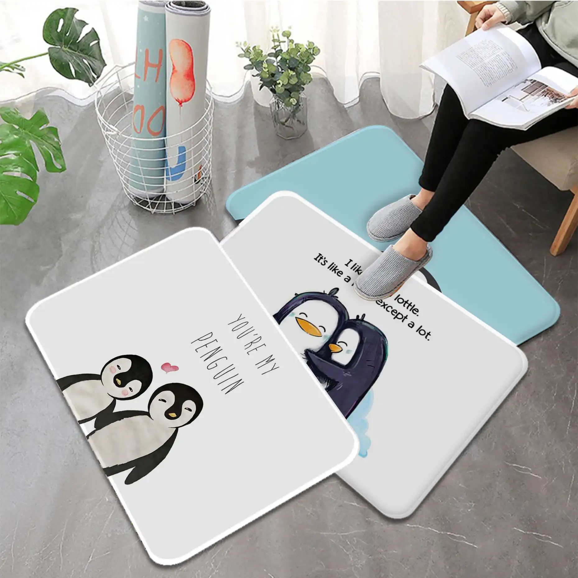 Cartoon Penguin Printed Flannel Floor Mat Bathroom Decor Carpet Non-Slip For Living Room Kitchen Welcome Doormat