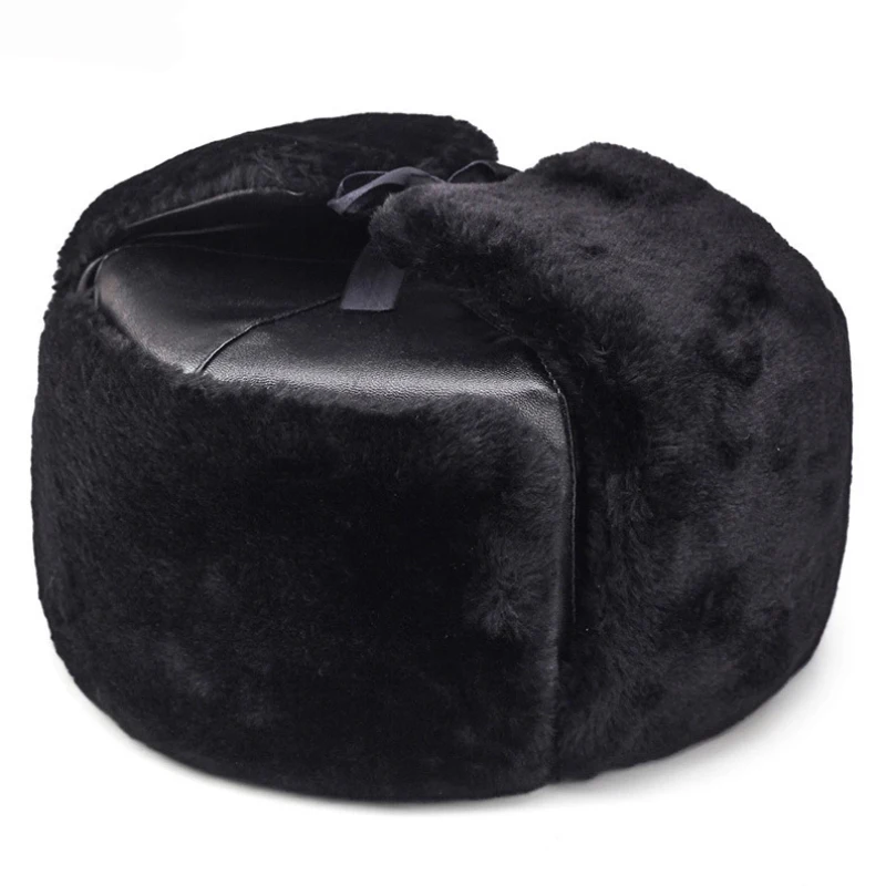 Ushanka-Sombrero de bombardero ruso grueso y cálido para hombres, gorra militar del ejército, cuero sólido, orejeras, Trapper, sombreros de piel de esquí para hombres, Invierno