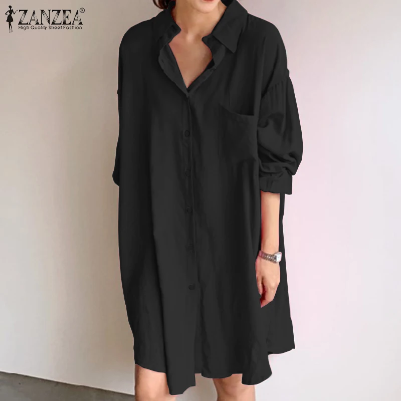 Kobiety koszulka Solid sukienka ZANZEA stylowy wiosna sukienki na co dzień z długim rękawem Mini Vestidos kobieta klapy na guziki szata