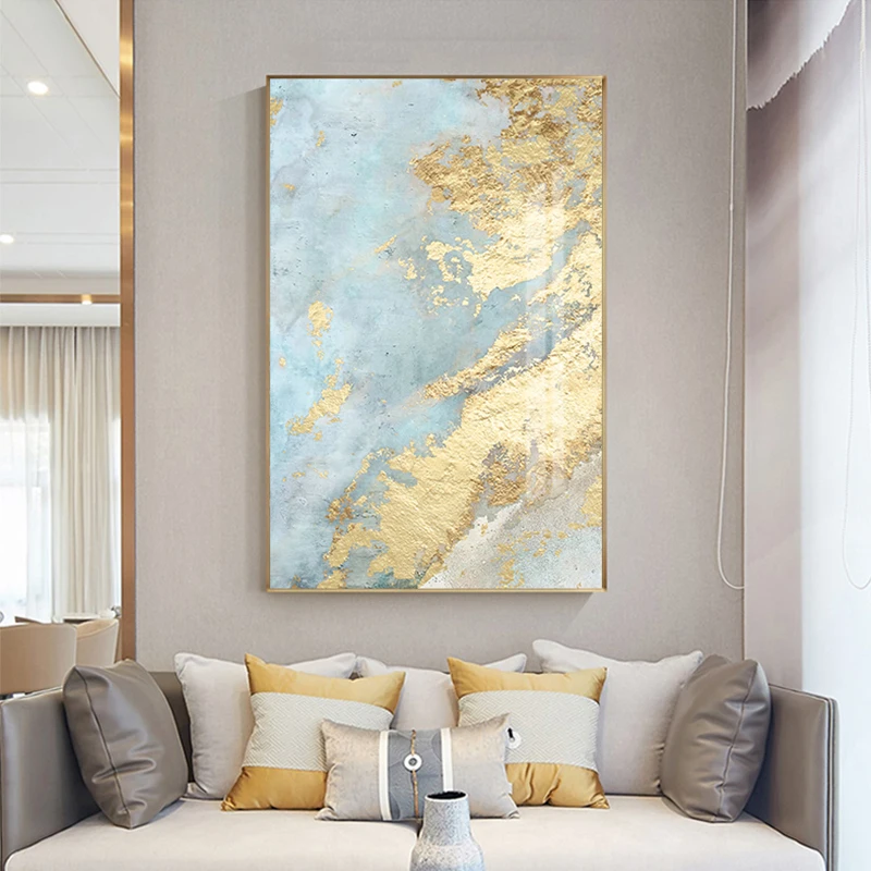 Nodic White Light Blue Canvas Painting Abstract Wall Art Pictures for Living Room Big Cuadros Tableaux Big Gold Poster and Print