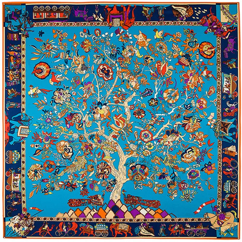 100% Silk Scarf Women Large Shawls Stoles Life Tree Print Square Scarves Echarpe Fashion Foulards Femme Wrap Bandanas 130*130CM