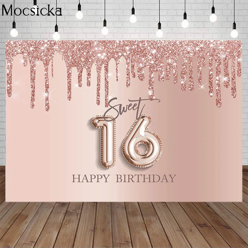 Mocsicka Sweet 16 Theme Backdrops Girl Sixteen Birthday Glitter Rose Gold Party Decoration Photography Background Banner Photo