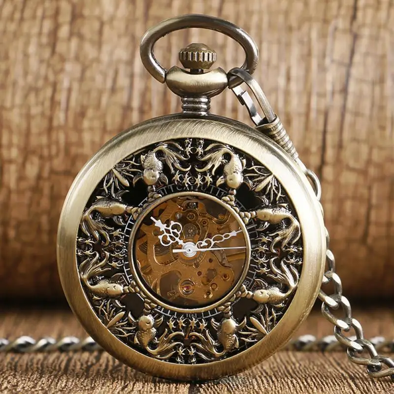 Bronze Hollow Fish Steampunk Hand-winding Mechanical Pocket Watch Pendant Chain Retro Clock for Women Men Gift Reloj De Bolsillo