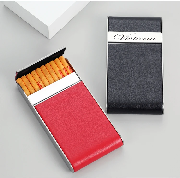 Rot Schwarz 100mm Schlanke Zigarette Fall Box Mode Edelstahl PU Leder Name Individuelles LOGO Rauchen Geschenk Für Freundin frauen – Detail 5