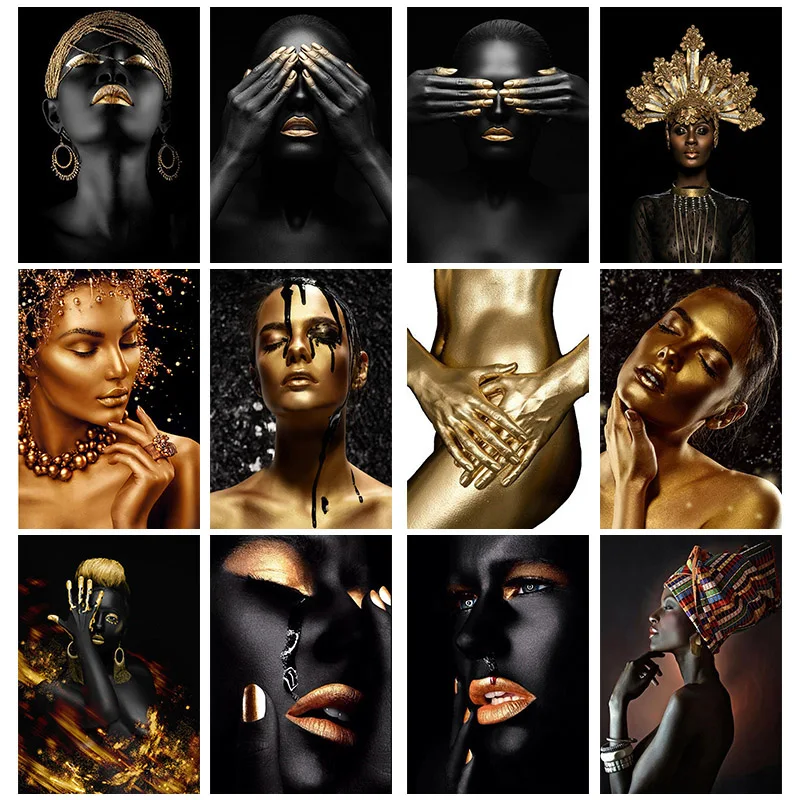 

African Art Black and Gold Woman Oil Painting on Canvas Cuadros Posters and Prints Scandinavian Wall Art Picture for Living Room