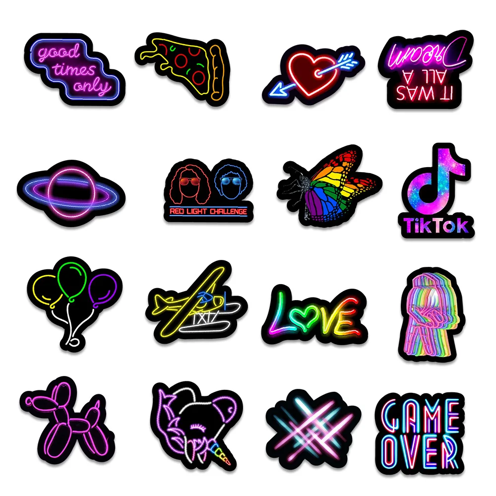 10/30/50PCS Cartoon Neon Light Graffiti Stickers Car Guitar Motorcycle Luggage Suitcase DIY Classic Toy Decal Sticker For Kid F3