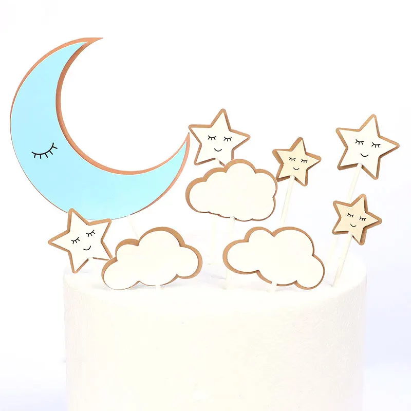 Paper Cupcake Picks Toppers Yellow  Blue  Moon  Star 9 Piece Set Bake Cake Decorative1 Set ( 9 PCs/Set)