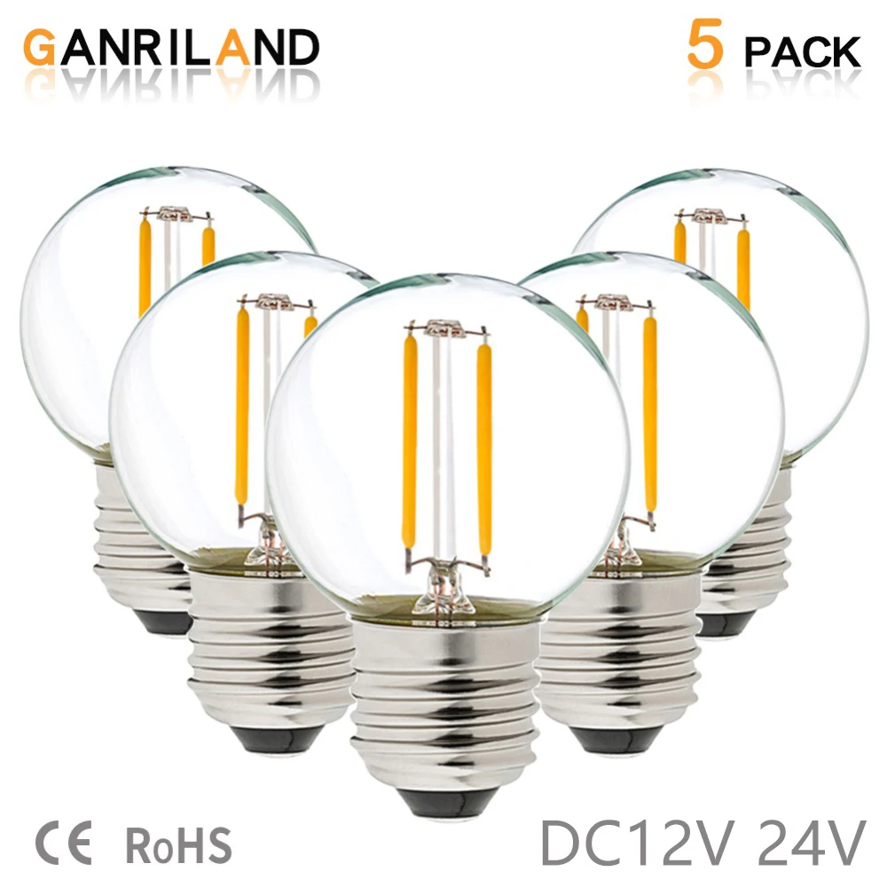 

GANRILAND E26 E27 Base DC 12V 24V 1W Equal 10W Led Filament Globe Light Bulb G40 Warm White 2700K Low Voltage Retro Edison Bulbs