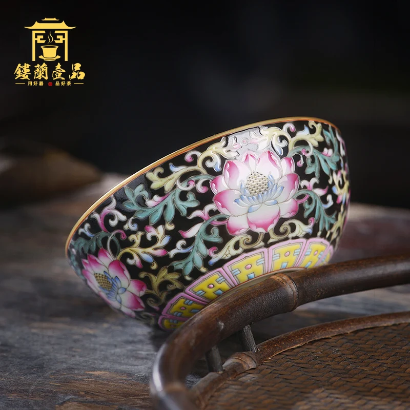 |hand painted black ground powder color tangled lotus Master Cup Kung Fu tea set large individual single cup tea cup