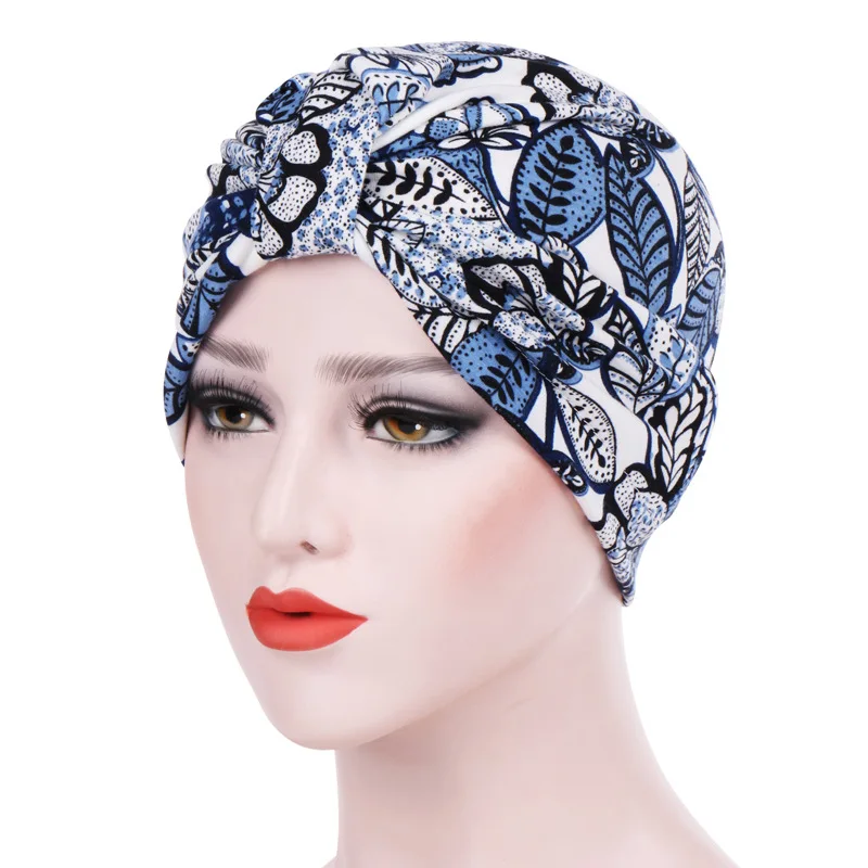 New Muslim Elastic Women Print Flower Knot Cotton Ruffle Turban Hat Chemo Beanie Cap Head Wrap Hairband Cancer Hair Accessories