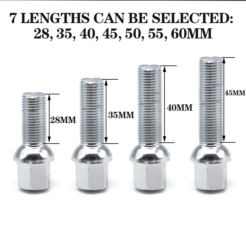 5Piece 28/35/40/45/50/55/60mm lengthen Steel Wheel Bolts M14 x 1.5 12×1.5mm WHEEL NUTS SEAT SUIT FOR VW Volkswagen