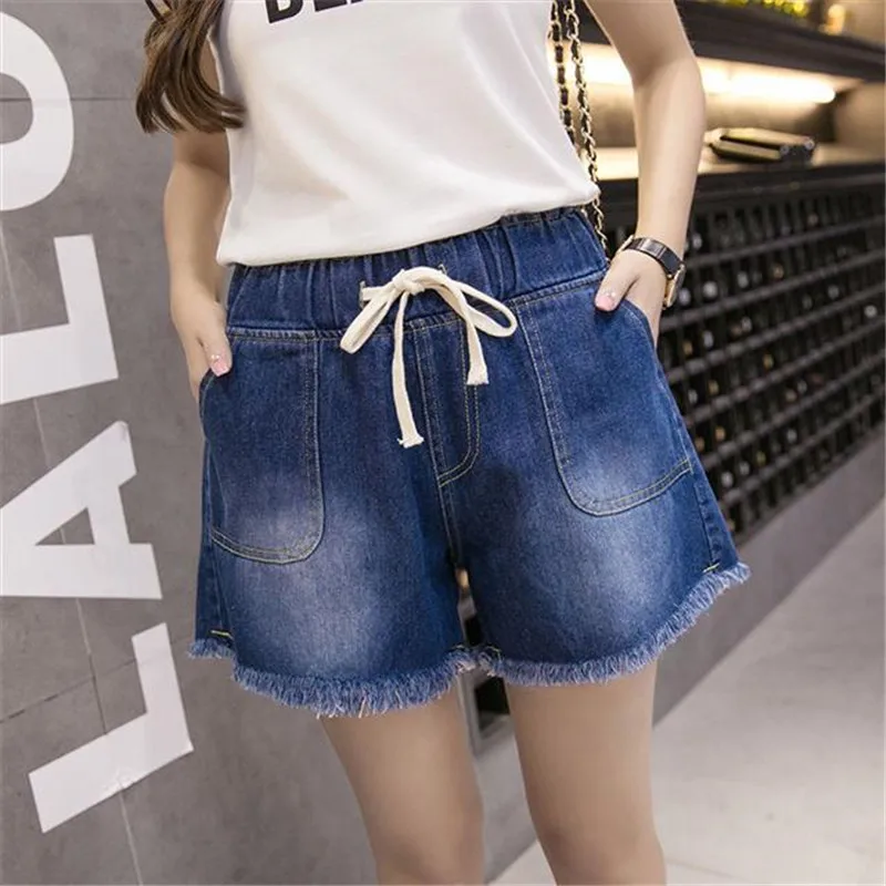 Summer fat mm plus fat plus plus size women\'s Elastic Waist Wide Leg loose hole jeans women\'s shorts trend