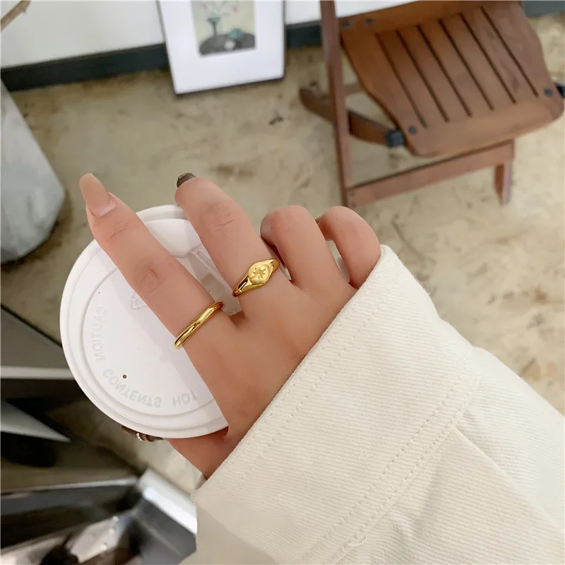 New Stainless Steel Engrave Starburst Signet Plain Round Stacker Rings for Women 18K Gold Plated Color  Ring Waterproof Jewelry