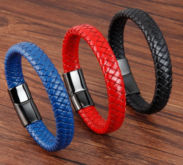 Trendy Men's Jewelry Braided Leather Rope Bracelet Black and Silver Stainless Steel Magnetic Buckle Black Red Blue Bracelets