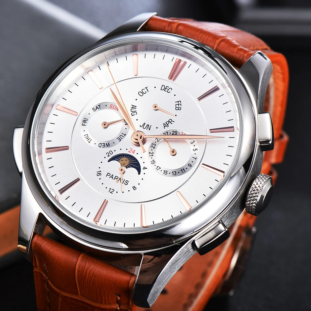 

Fashion Parnis 45mm Silver Case Men's Watch Rose Gold Scale Automatic Mechanical Brown Strap Moon Phase Calendar Watches For Men