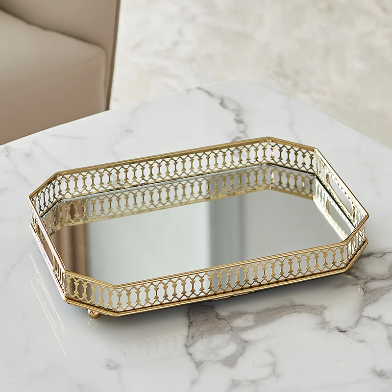 Round Gold Plated Iron Glass Mirror Tray In Small Large Sizes European Modern Home Tabletop Decor Octagon Hollow Storage Holder