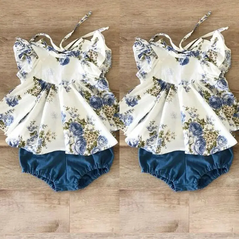 New Summer Floral Round Neck Tops Harem Shorts Girl Casual Cotton Cute 2PCs Newborn Baby Girls Clothes Set Infant Clothing