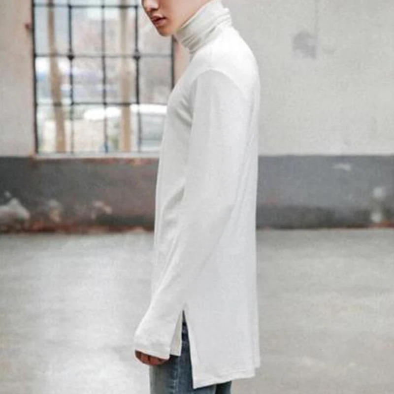 Men's T-shirt Spring and Autumn Korean version of asymmetrical hem mittens T-shirt men's high collar long sleeve trend