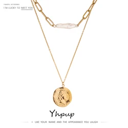Yhpup New Stainless Steel Chain Layered Necklace Fashion Coin Portrait Necklace for Women Elegant Natural Pearl Jewelry Gift