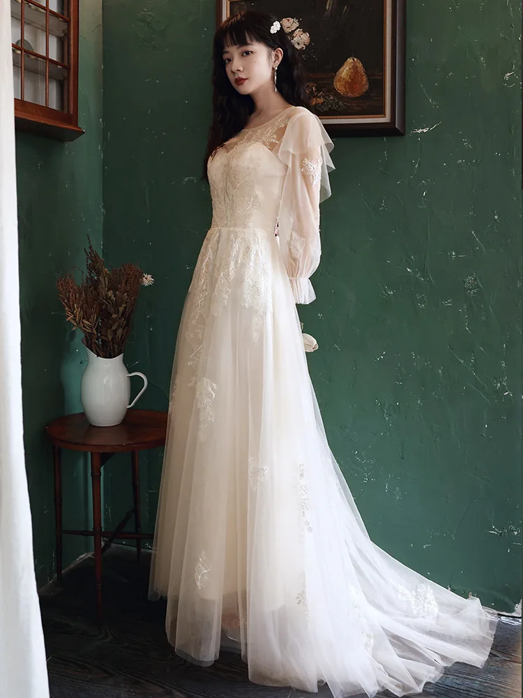 Vrouwen Temperament Lange Een Lijn Tulle Avondjurken Elegante Champagne Lange Mouwen Prom Jassen Maat 3XL