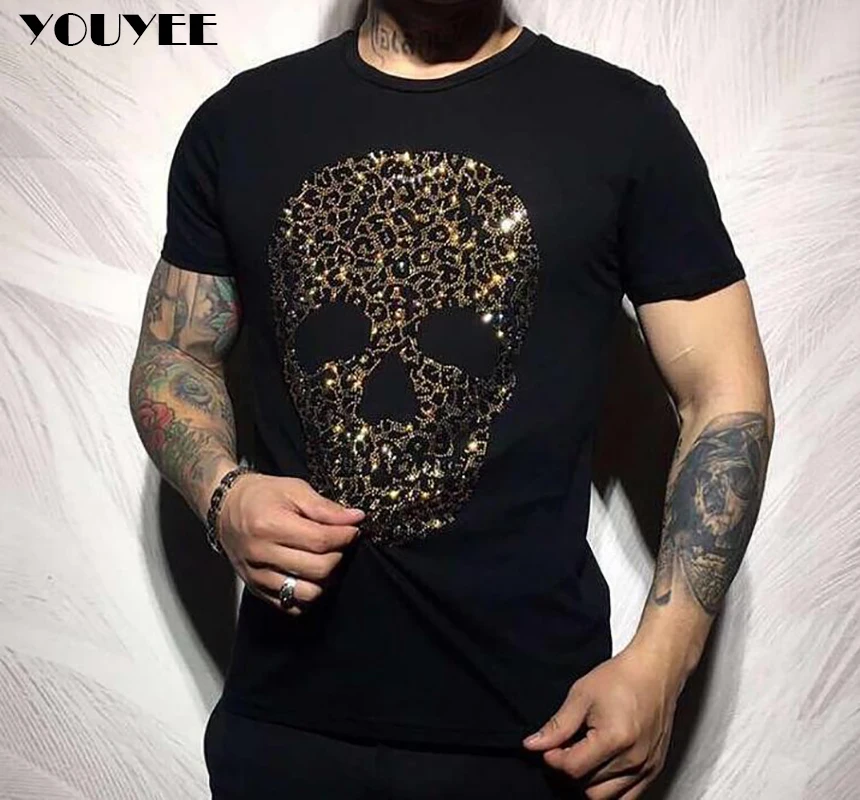 T-Shirt Men Leopard Print skull rhinestone Casual Summer New Streetwear Hip-Hop Diker O-neck Cotton Male Top Homme Clothing 5XL