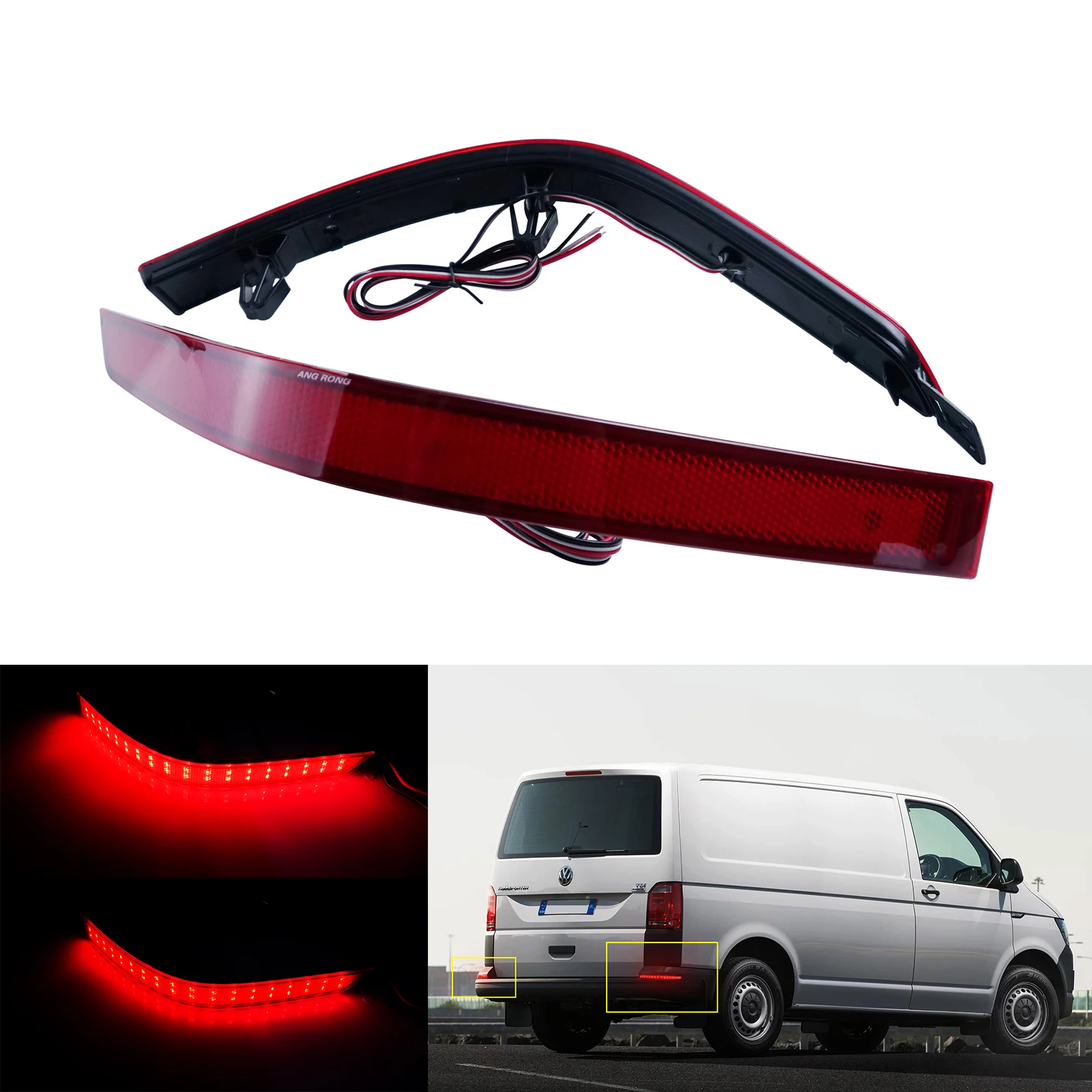 ANGRONG 2X LED Rear Bumper Reflector Brake Light Red Lens For VW Transporter T6 2015-up