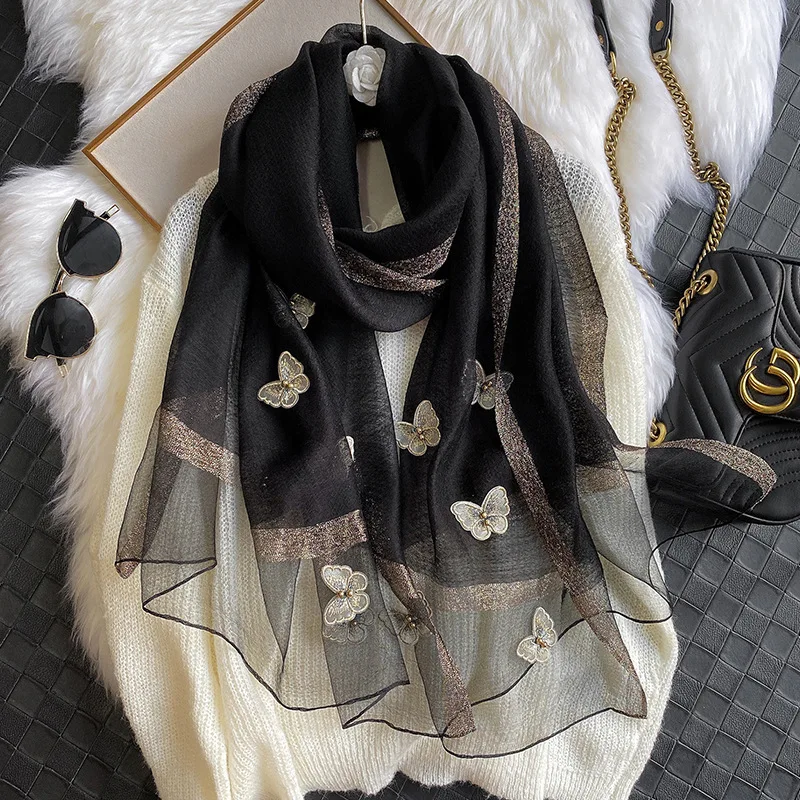 2024 Real Winter Hijab Winter New Silk Wool Scarves Women Fashion Embroidery Butterfly Beads Warm Long Shawl Solid Color Scarf