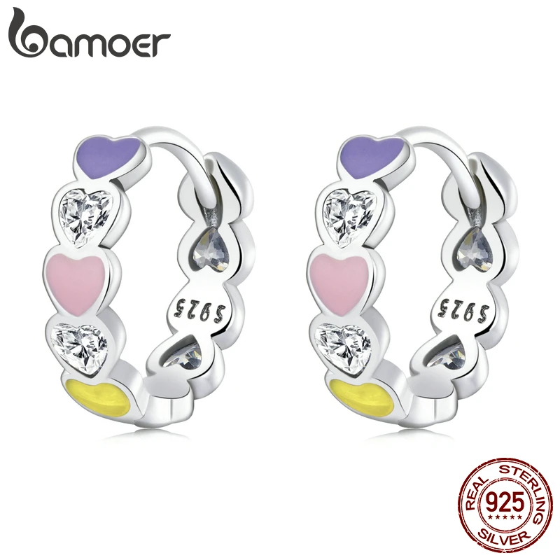 Bamoer Genuine 925 Sterling Silver Rainbow Love Ear Buckles Colorful Heart Hoop Earring for Women Fine Jewelry Anniversary Gift