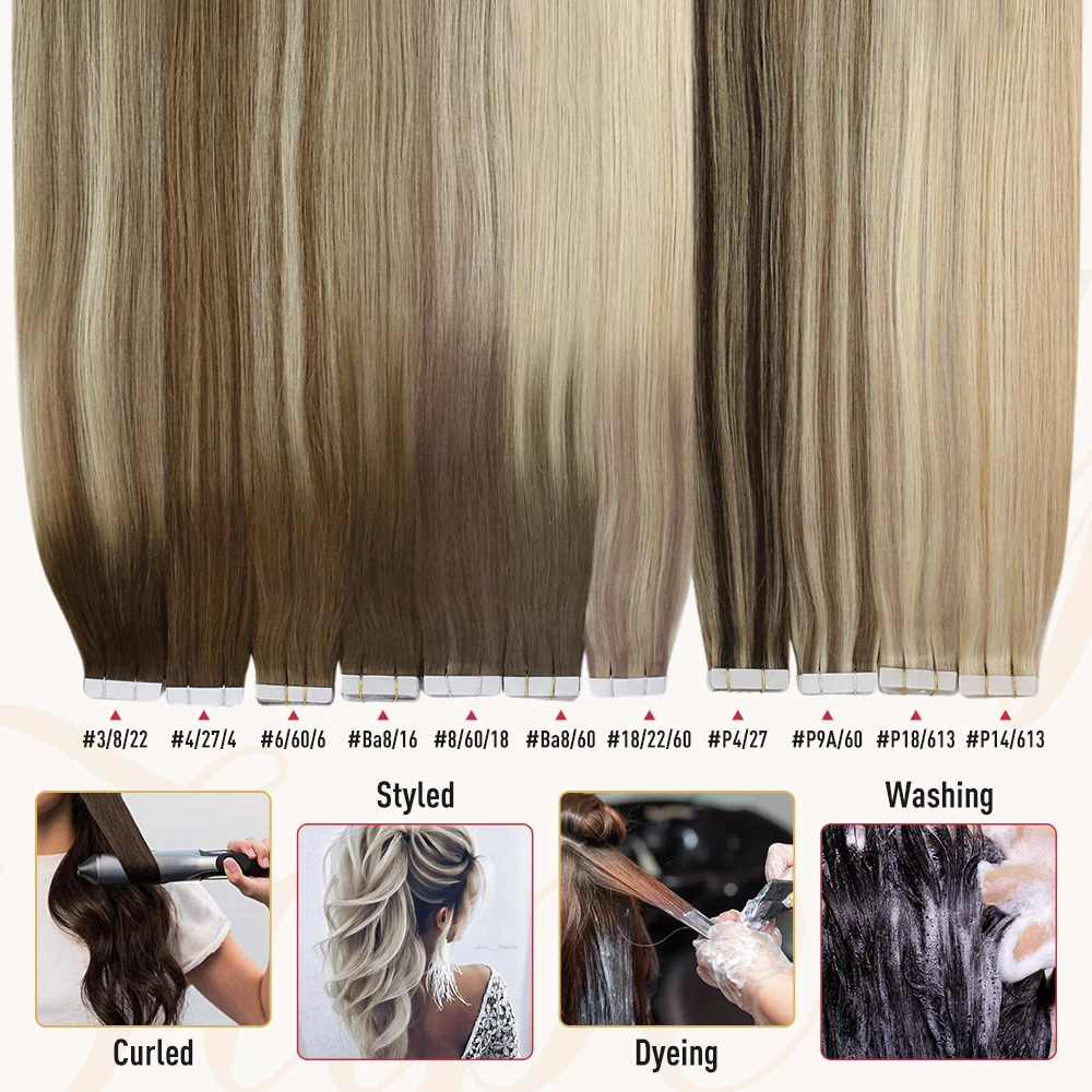 Moresoo Human Hair Extensions Tape in Remy Ash Blonde Highlight Hair Silky Straight Hair Extensions 100% Real Tape in Human Hair