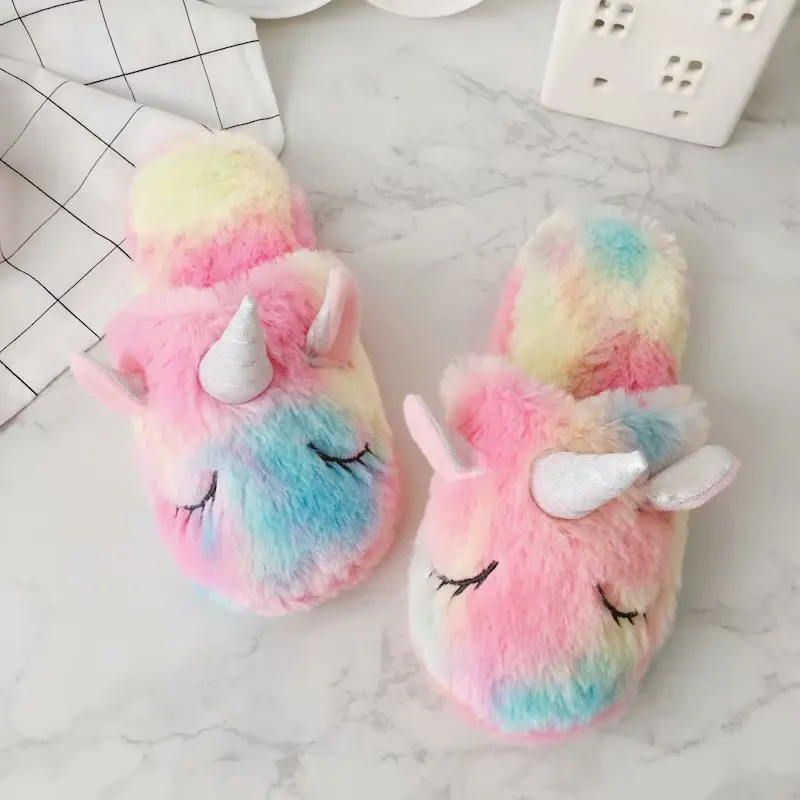 House Women Fur Slippers Cute Colorful Unicorn Cartoon Cozy Home Grils Gifts Slippers Indoor Warm Plush Ladies Fluffy Shoes