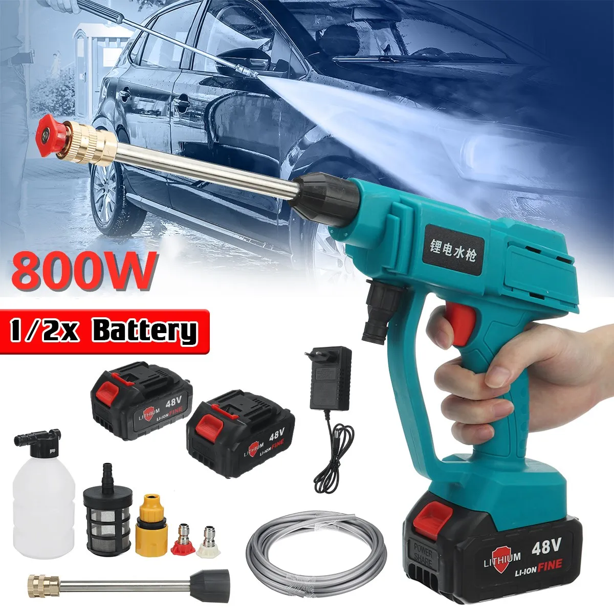 

800W Wireless High Pressure Car Wash Water Gun 30BAR Portable High Pressure Washer Car Washing Machine Auto Variable Speed Motor