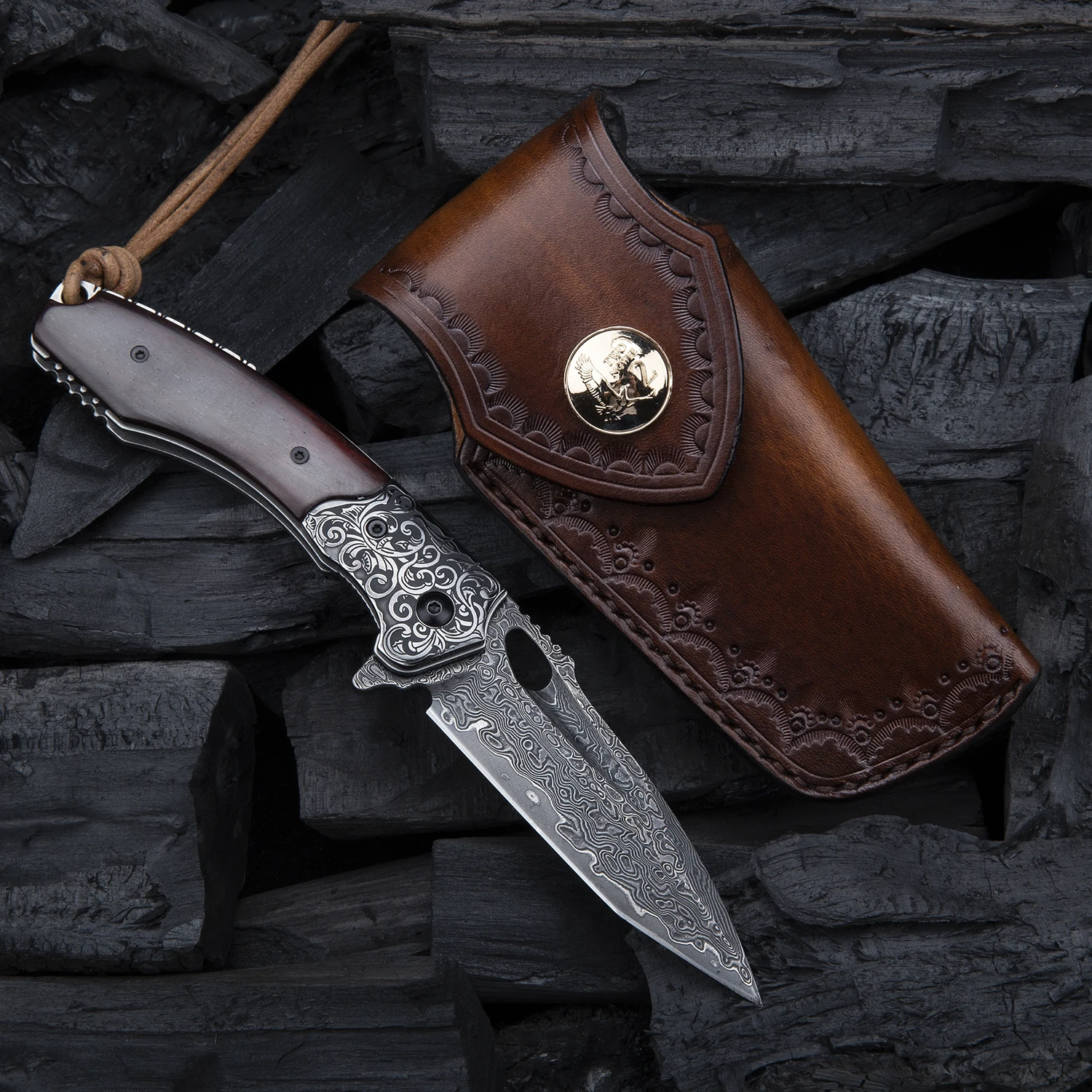 Damascus Steel Pocket Folding Knife Handmade Japanese VG10 Core Rosewood Handle Self Defense Sheath Knives For Hunting Camping