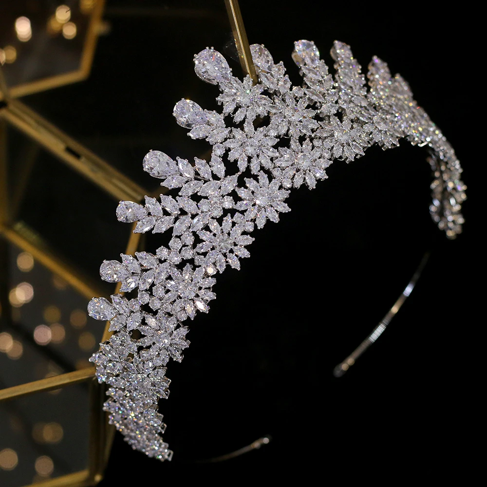 ASNORA Tiaras de joyería nupcial brillante, corona de gota de agua de circonita cúbica grande, diadema de cristal, corona, accesorio para el cabello de boda