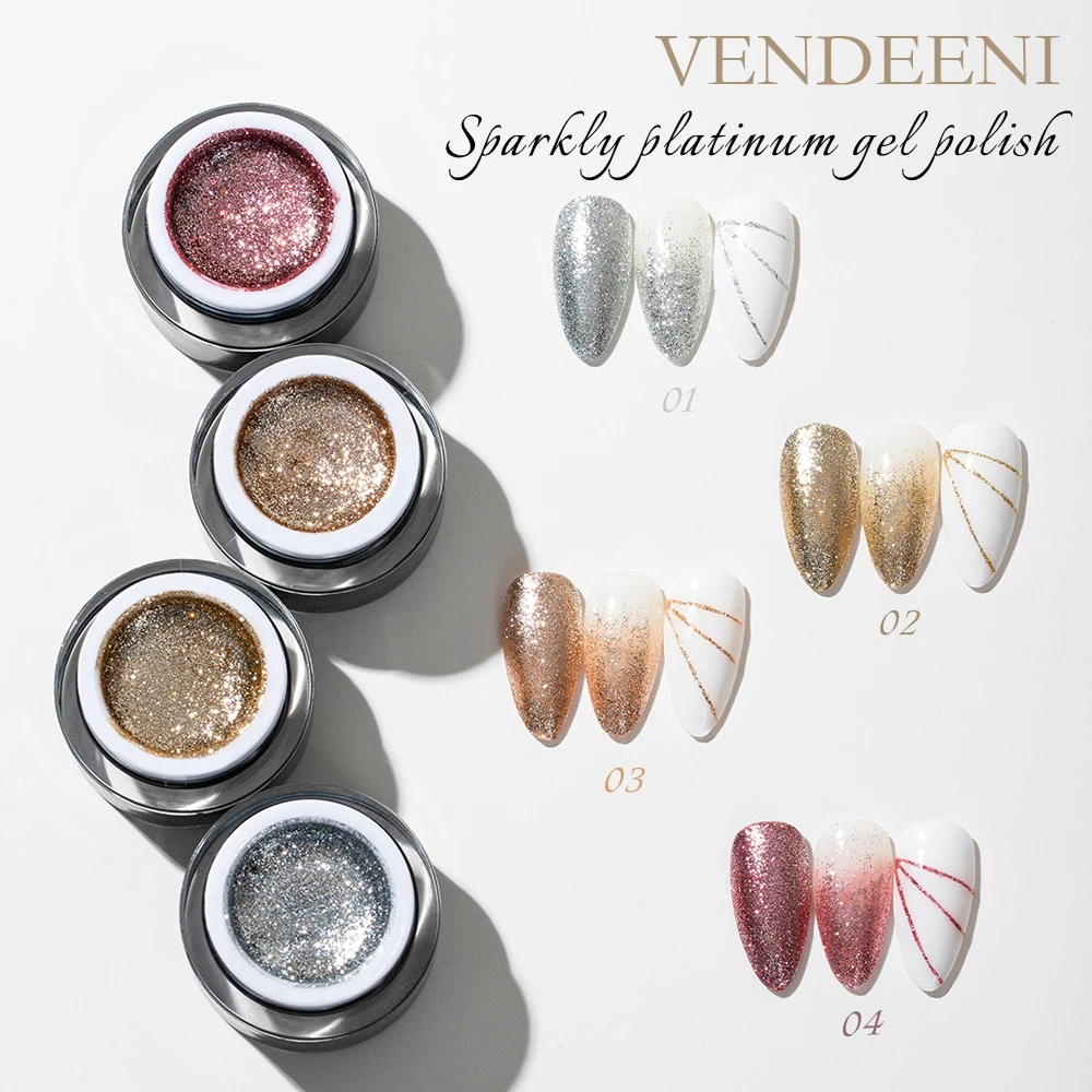 

Vendeeni 4 Colors Glitter Platinum Gel Nail Polish Fine Powder Hybrid Sparkling UV Gel Varnish Shiny Nail Art Liner Gel Lacquer