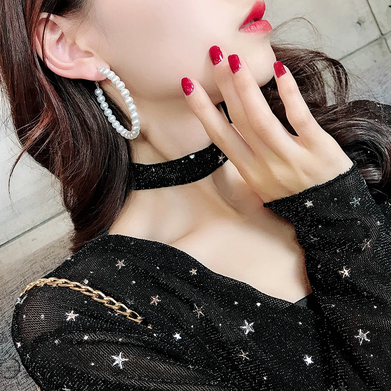 Fashion Korean Imitation Pearl Circle Hoop Earrings Women's Gold Color Round White Pearl Big Earrings Brincos Jewelry