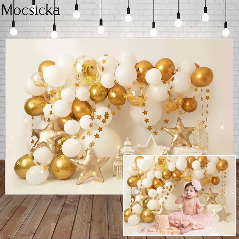 Golden Balloon Stars Backdrop For Photography White Wall Boy Baby Cake Smash 1st Birthday Party Decor Background Photo Studio