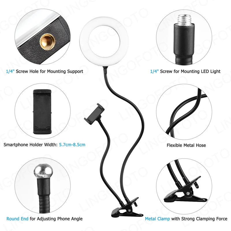 6/8 Inch Two in One LED Ring Light with Metal Hose Support and Phone Holder AC1048 AC1049