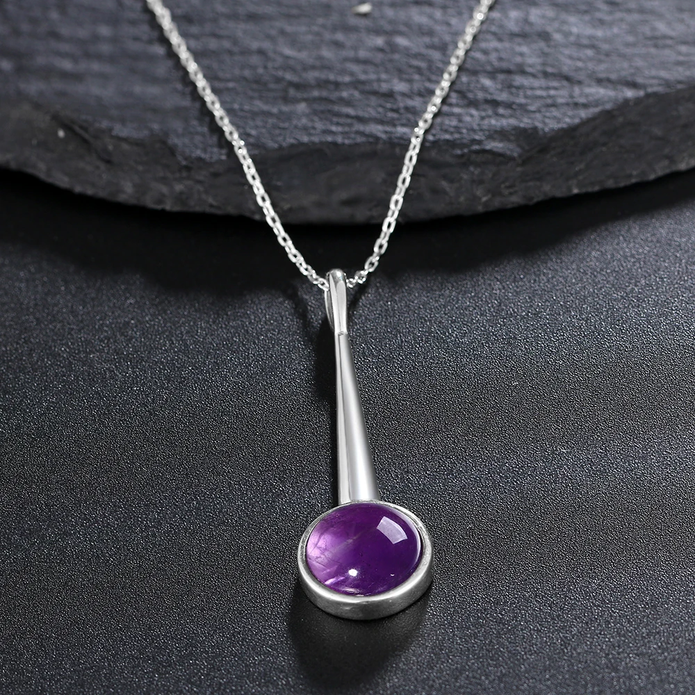 S925 Silver Pendant Necklace Round 10MM Amethyst Large Geometric Necklace Natural Amethyst Engagement Gift Party