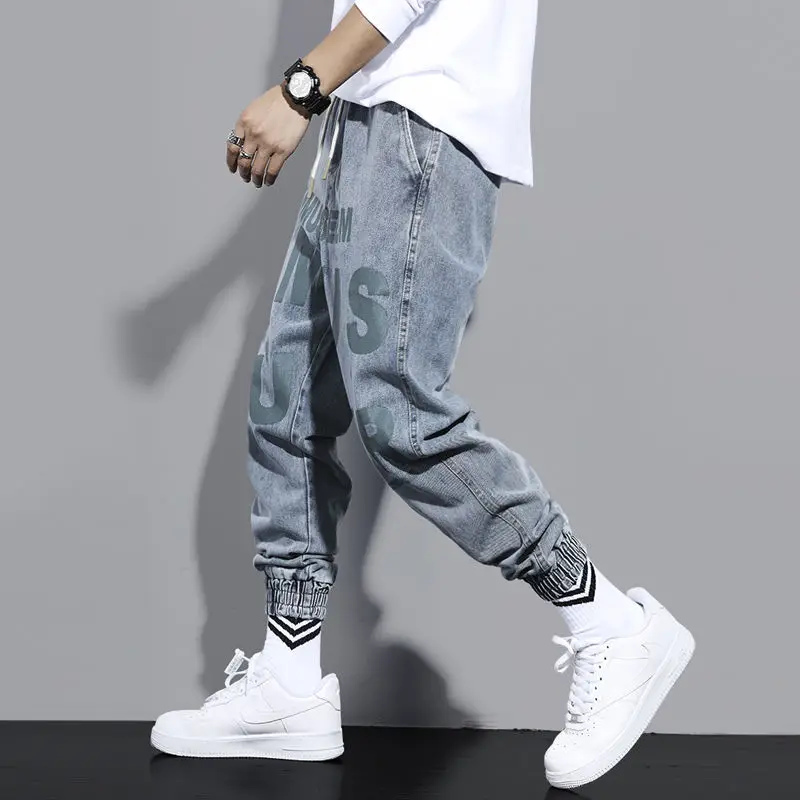 Cargo Pants Jeans Men\'s Ankle Banded Pants Loose Moto Biker Harlan Harajuku Style Beam Feet Casual Pants Elastic Waist  Hip Hop