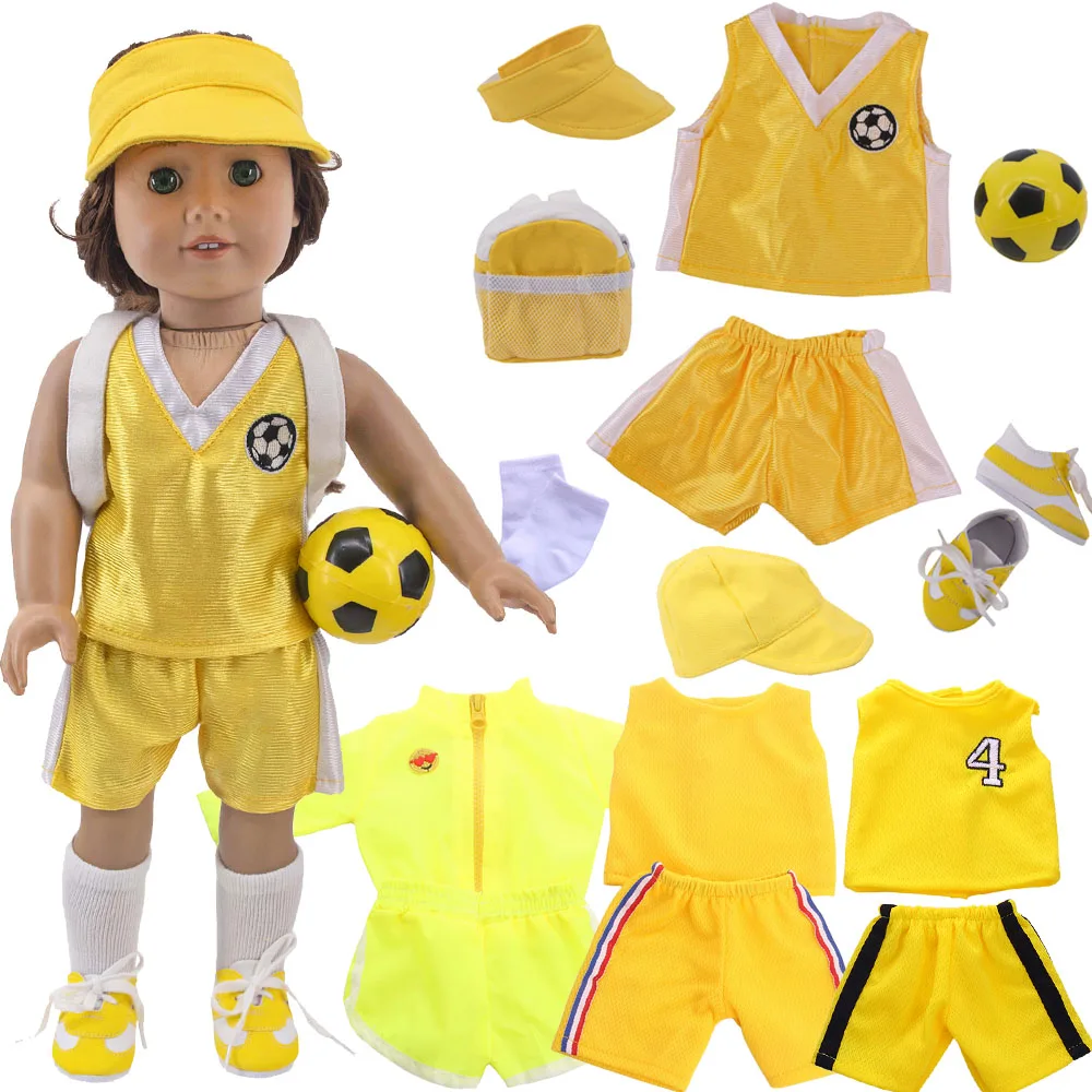 Doll Clothes Yellow Sportswear Suit Backpack Baseball Cap Shoes For 18 Inch American Dolls 43 Cm New Born Baby Items,Toy Fifts