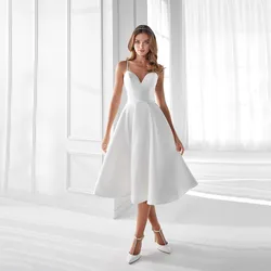 Simple Knee Length Satin Wedding Dress Backless Spaghetti Straps V Neck Short Civil Engagement Bridal Gown For Bride Sleeveless